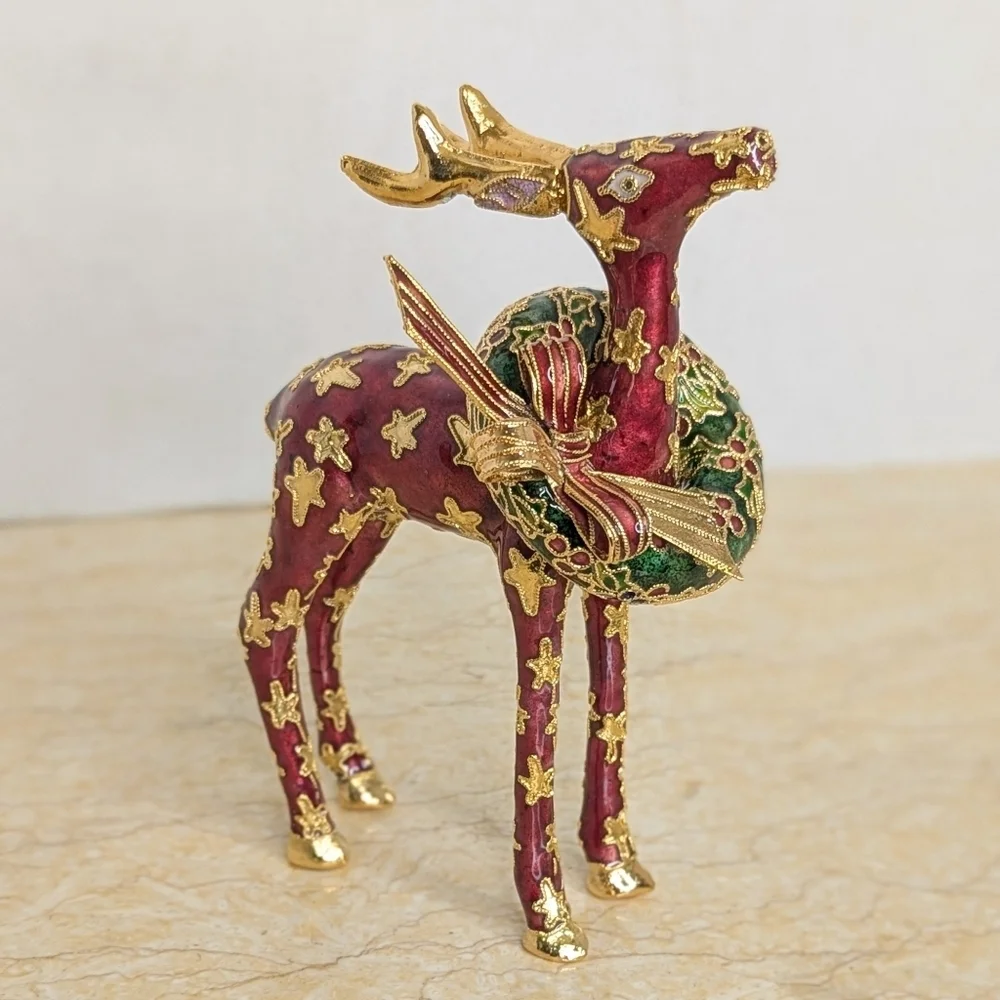 Vintage NYCO Cloisonne Enamel  Maroon Reindeer Gold Star Green Christmas Wreath